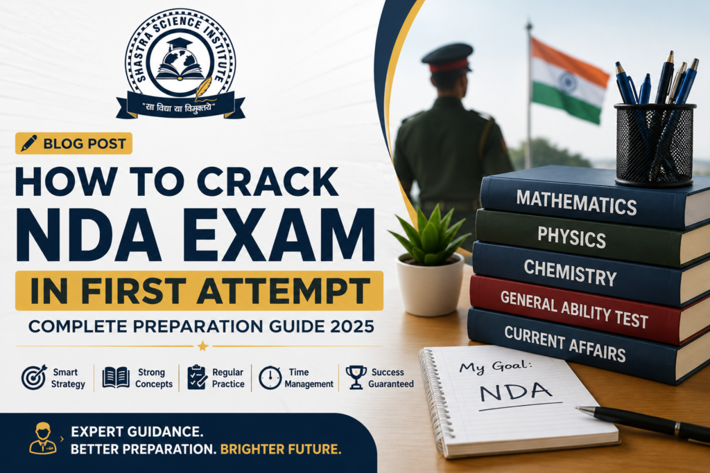 Shastra Science Institute NDA exam preparation blog banner with study books and defence exam guidance.