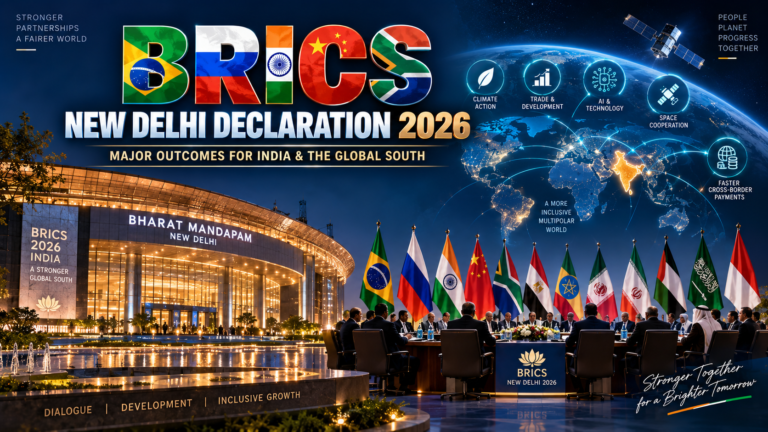 BRICS New Delhi Declaration 2026 adopted at Bharat Mandapam with India hosting BRICS leaders